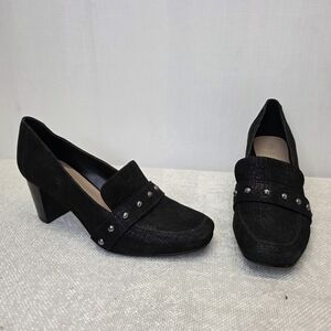 Donald Pliner Peggi Black Suede Studded Block Heel Loafer Pumps - Size 11M